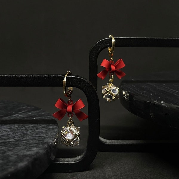 Festive 18K Gold-Plated Red or Black Bow Earring with Crystal Ball Pendant, Dangle Ribbon Earrings, Crystal Ball Drop Earrings, Gift For Her