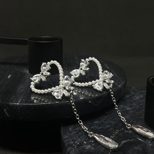 Romantic Heart and Bow Drop Earrings, 925 Sterling Silver Post, Diamond Pearl Long Tassel Earrings, Korean Earrings, Statement, Gift for Her