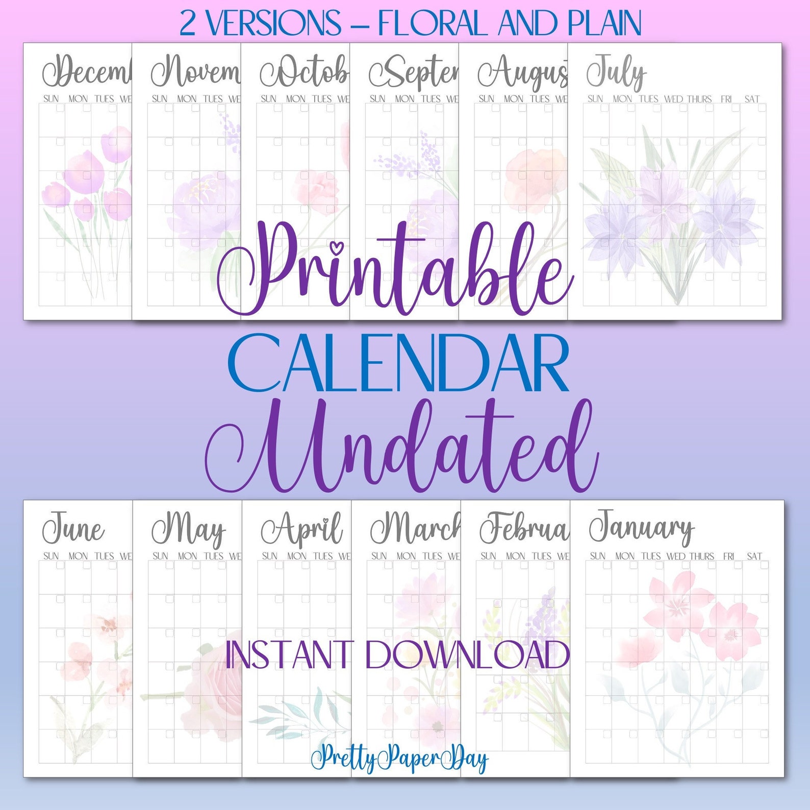 Blank Monthly Printable Calendar, Plain and Floral Versions, 8.5x11 ...