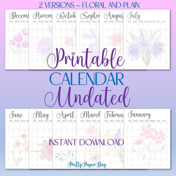 Blank Monthly Printable Calendar Plain and Floral Versions - Etsy