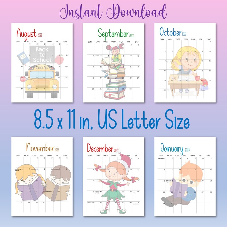 20222023 Printable Monthly School Calendar Kids Calendar Etsy