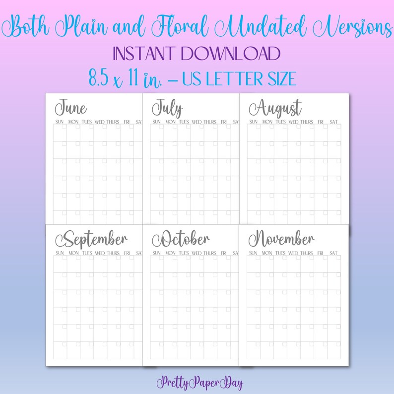 Blank Monthly Printable Calendar, Plain and Floral Versions, 8.5x11 ...