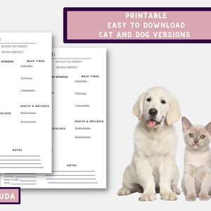 Printable Pet Sitter Instructions Template |Pet Care Sheet | Pet Sitting Planner PDF | Pet Boarding Info Sheet | Instant Download