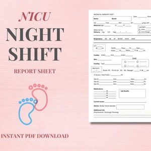 NICU Report Sheet | Printable Nurse Brain Sheet pdf | Night Shift NICU Report for Nurses | Neonatal ICU Handoff Sheet