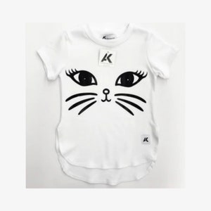 Cat T-Shirt for Girls, Short Sleeve White Tee for Toddlers, Kids Cotton Summer Shirt