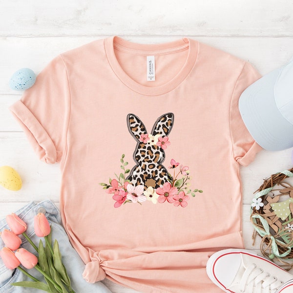 Floral Leopard Bunny Shirt, Bunny Shirt, Cute Easter Bunny T-Shirt, Happy Easter, Shirt with Bunnies, Easter Gift, Happy Easter T-Shirt