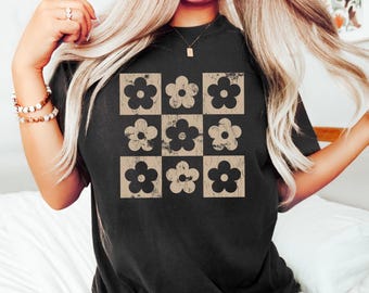 Checkered Flowers Shirt, Retro Flowers T-Shirt, Boho Floral T-Shirt, Gift For Mom, Spring T Shirt, Trendy Floral Oversized Tee