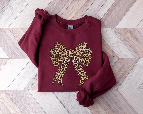 Leopard Coquette Bow Shirt, Leopard Print Bow Sweatshirt, Coquette Aesthetic Bow Crewneck Fall Sweatshirt, Trendy Coquette Sweatshirt