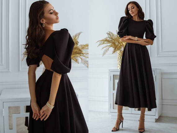 Black Midi Dress Black Formal Dress Backless Puffy Sleeves - Etsy