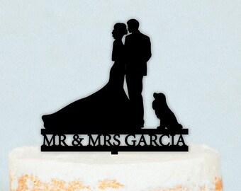 Silhouette Couple Cake Topper| Mr & Mrs Wedding Cake Topper| Cake Topper With Dogs| Custom Wedding Cake Topper