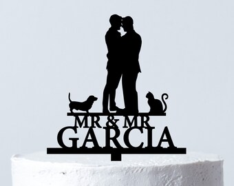 Wedding Cake Topper With Pets| Mr And Mr Custom Cake Topper| Same Sex Wedding| Groom's Silhouette Cake Topper