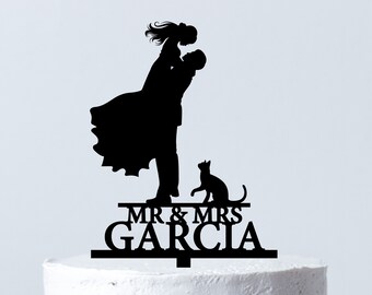 Wedding Cake Topper With Cats| Silhouette Couple Cake Topper| Mr & Mrs Wedding Cake Topper| Custom Wedding Cake Topper