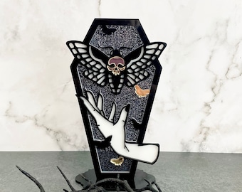 Acrylic Glitter Death Moth Coffin Sign| Witch Hands Moth Decor| Spooky Wiccan Decor| Witchy Sign