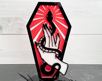 Acrylic Wiccan Serpent Coffin| Frosted Red Coffin Sign| Black Snake Decor| Witchy Hand Halloween Decor| Gothic Decor