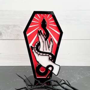Acrylic Wiccan Serpent Coffin| Frosted Red Coffin Sign| Black Snake Decor| Witchy Hand Halloween Decor| Gothic Decor