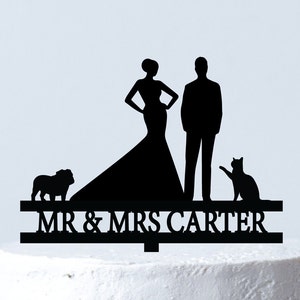 Bride & Groom Silhouette Cake Topper| Wedding Cake Topper With Pets| Mr And Mrs Custom Cake Topper