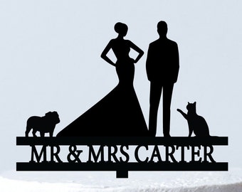 Bride & Groom Silhouette Cake Topper| Wedding Cake Topper With Pets| Mr And Mrs Custom Cake Topper