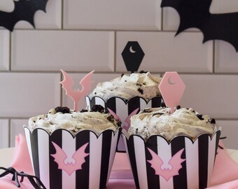 Acrylic Pink And Black Halloween Cupcake Toppers| Coffin Cupcake Picks | Pink Bat Cupcake Toppers
