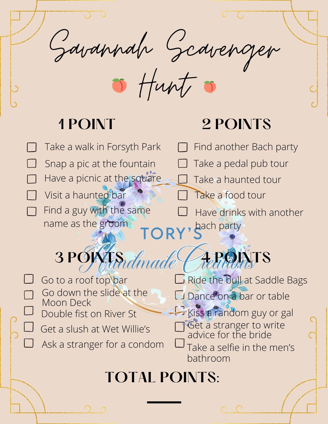 Savannah Bachelorette Party Scavenger Hunt, Party Game, Peaches, Bach