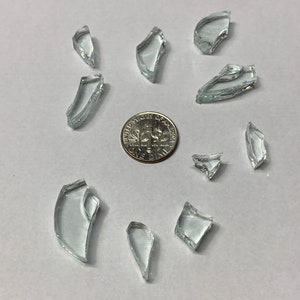 May include: A collection of clear, irregularly shaped glass shards scattered on a white surface. A U.S. dime is in the center of the image, providing a size reference for the fragments.