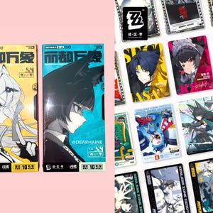 May include: Two boxes and multiple cards with anime-style illustrations. The boxes are yellow and blue, each with a character portrait. The cards display various characters in bright colours, with text and logos.