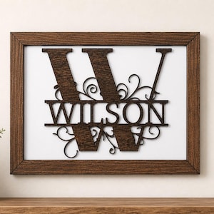 May include: Wooden framed sign with the name "WILSON" and the letter "W" in a decorative font. The sign is dark brown and set against a white background. The frame is also dark brown.