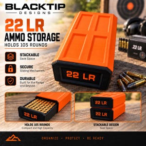 May include: A bright orange and black 22 LR ammo storage box with a sliding mechanism. The container holds 105 rounds and features a stackable design. Text on the box reads 22 LR. The product is shown in multiple views, including open with ammunition inside.
