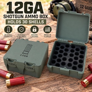 May include: An olive green 12GA shotgun ammo box with a 30 shell capacity. The box features secure latches, a hinged lid, and a foam insert with 30 circular slots. The exterior is marked with 12GA text and a shotgun shell icon. Red shotgun shells are visible.