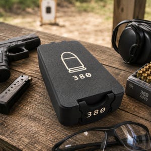 May include: Black case with a white bullet graphic and the number "380" printed on it. A black handgun, magazine, and safety glasses are on a wooden surface. Ear protection and ammunition are also visible.