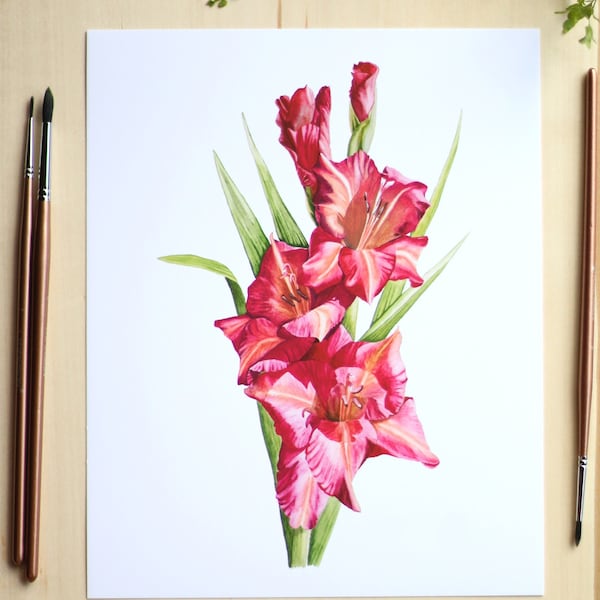 Red Gladiolus Wall Art. Gladiolus Watercolor Flowers Print. English Cottage Core Home Decor. August Birthday - Paper Anniversary Gift.