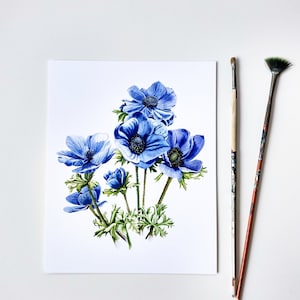 Blue Anemone Flower Watercolor Print: Floral Fine Art