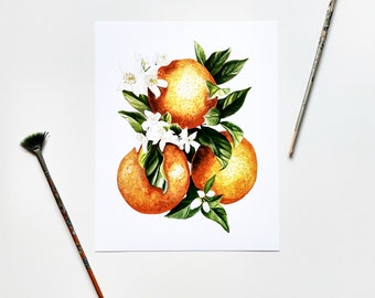 Orange Blossom Watercolor Print. Florida Orange State Flower Wall Art. Orange Blossom and Fruit Kitchen, Dining Room Art