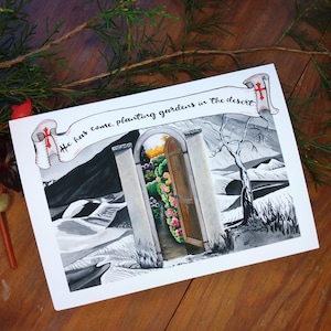 Carte de Noël aquarelle originale. Ecritures bibliques. « Planter des jardins dans le désert » 2024 peintures de bouquetières, conception de Noël.