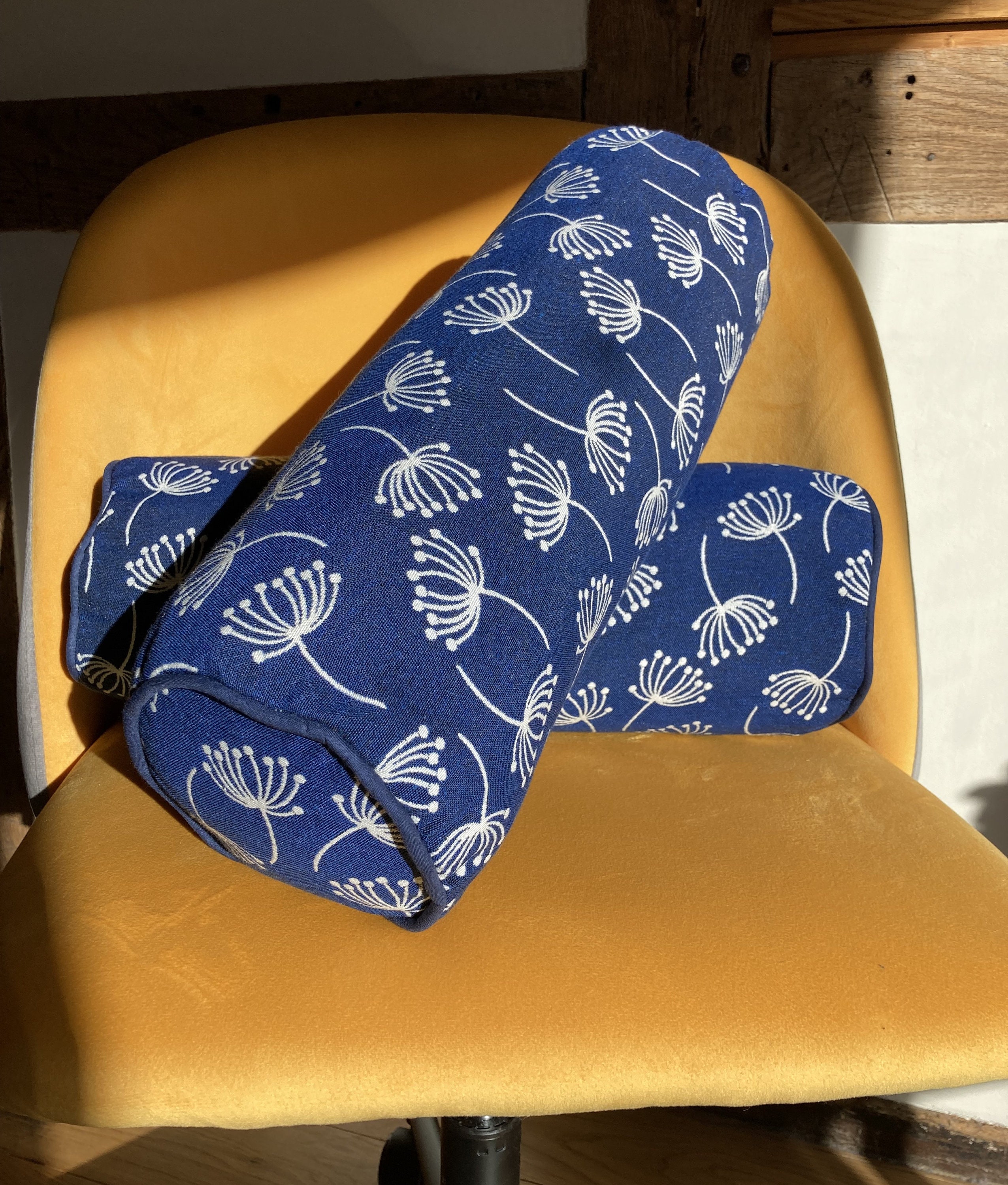 Blue Bolster Cushion With White Flowers Handmade by the Etsy UK