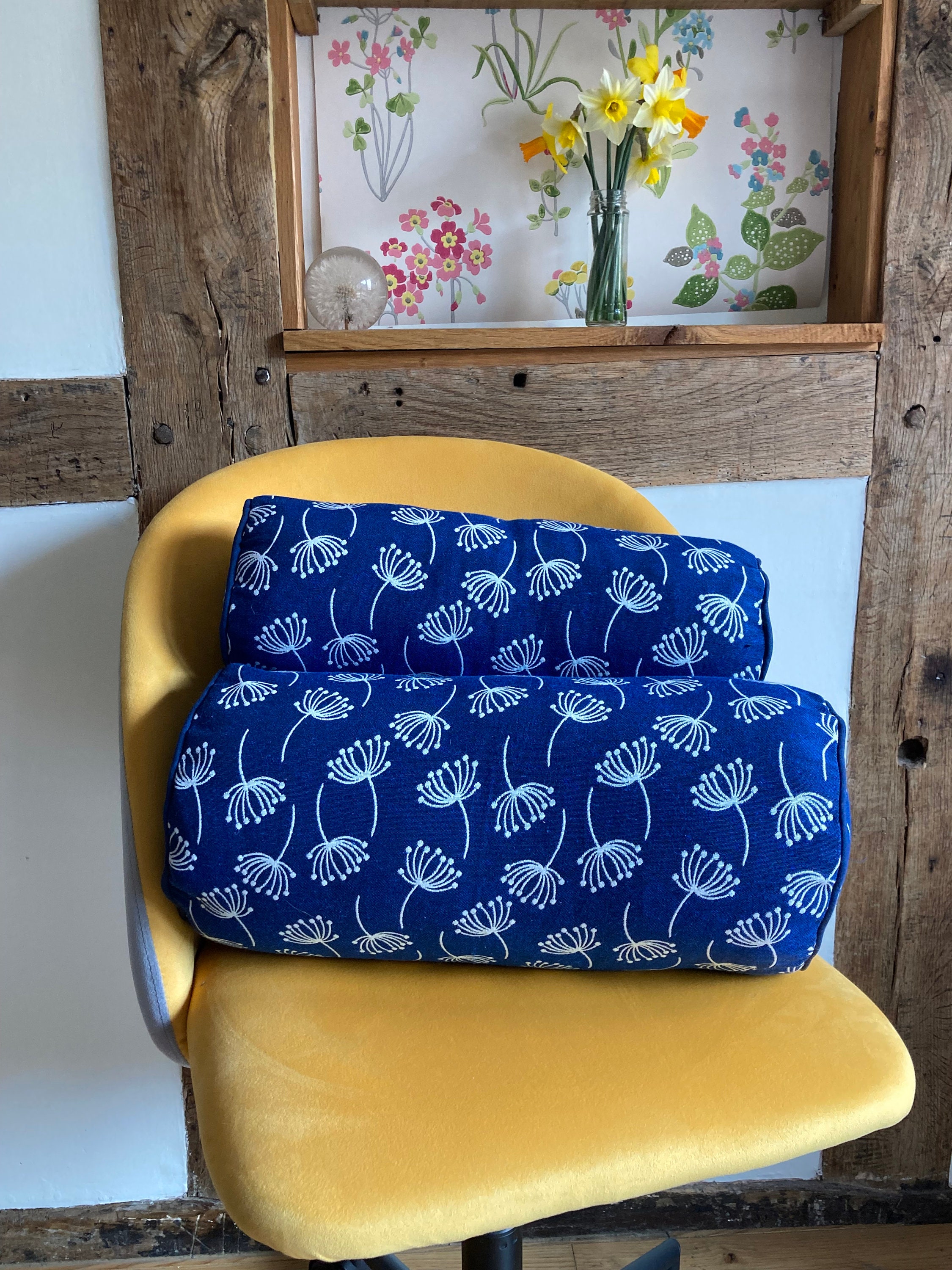 Blue Bolster Cushion With White Flowers Handmade by the Etsy UK