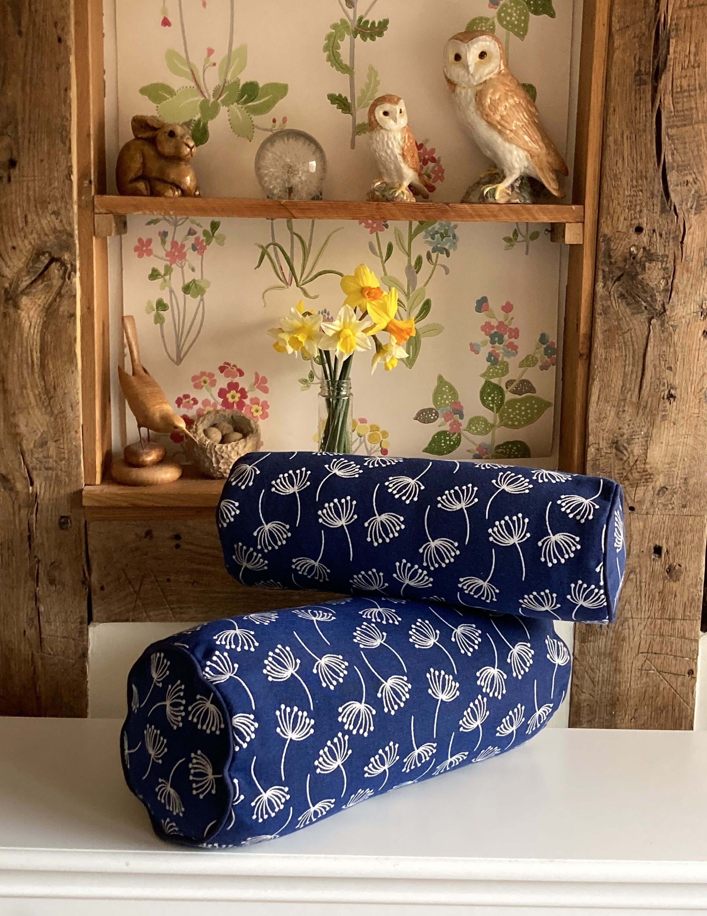 Blue Bolster Cushion With White Flowers Handmade by Dreaming Dormouse