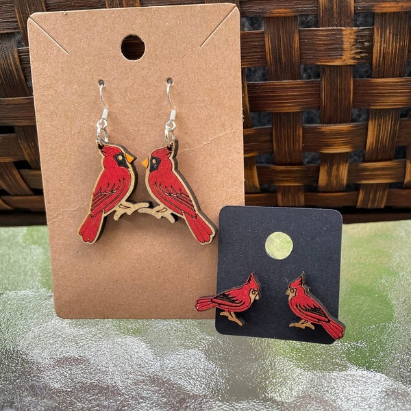 Cardinal Earrings, Hand Painted wood dangles or studs, Laser Cut, Light Weight, Made in Connecticut