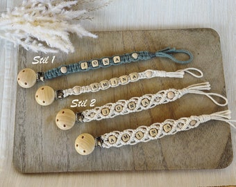 Schnullerkette Makramee - mit Namen - Nuckelkette Boho - Schnullerclip - Geschenk für Babys personalisiert