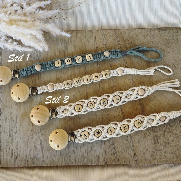 Schnullerkette Makramee - mit Namen - Nuckelkette Boho - Schnullerclip - Geschenk für Babys personalisiert