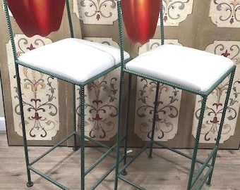 Pair Sculptural Rebar Apple Bar Stools Hand Painted Metal 48" Whimsical HEAVY