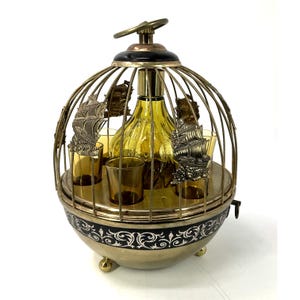 Set da bar con decanter musicale a forma di gabbia per uccelli, stile nautico, 6 bicchierini da shot, 1960, Giappone
