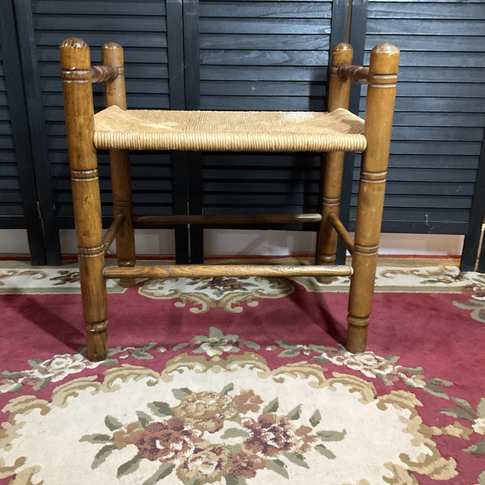 Rustic Farmhouse Bench Woven Rush Seat Vintage Wooden Stool, Entryway ...