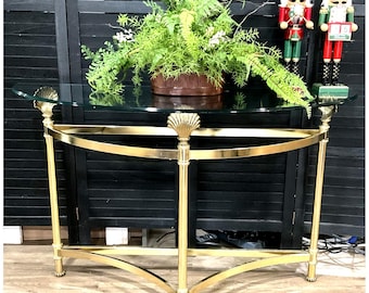 Vintage LaBarge Style Brass Console Table w/ Glass Top Shell Motif Regency 36x26