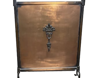 VTG Copper Fireplace Screen Wrought Iron Decorative Ring Pull Fire Guard 26"x 18