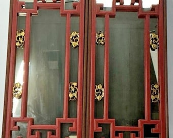 Vintage Pair of Chinese Asian Red And Gold Mirrors