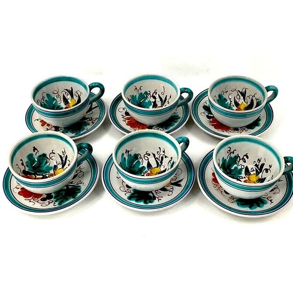 Italy Ceramic Peasant Village Set of 6 Cup and Saucers Floral Bird Grape Design