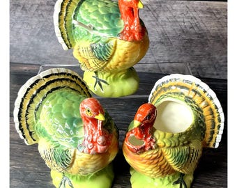 Vintage 1997 Turkey Creamer & Sugar Bowl Set Thanksgiving Fall Colors Festive
