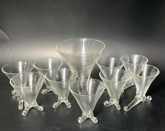 Murano Style Art Glass Cornucopia Dessert Set 10pc Ribbed Footed Cups and Bowl