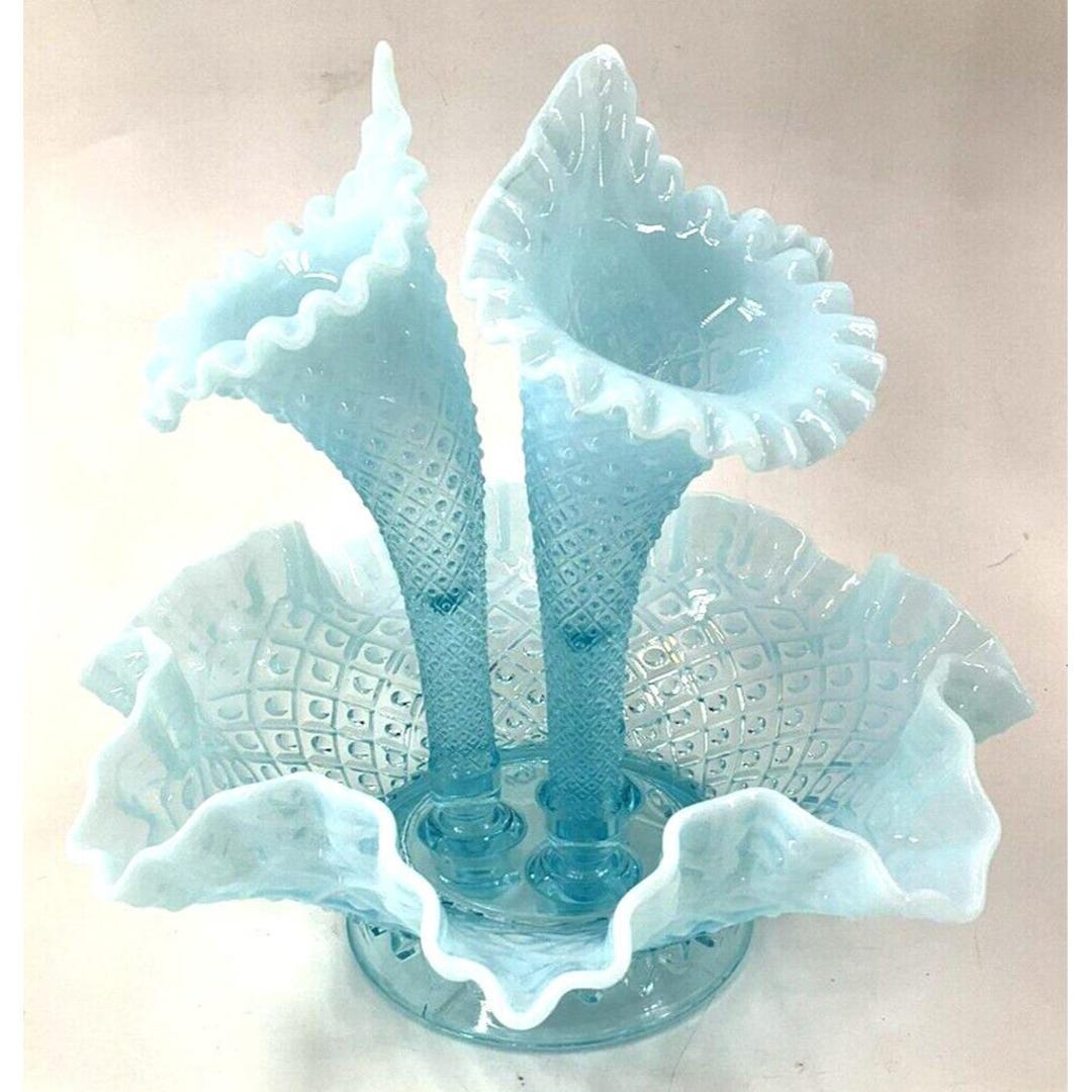 FENTON ガラス 10 インチ フラワー EPERGNE シーブルー オパールセント