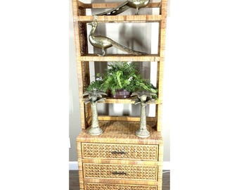 Wicker Rattan Hutch Shelf Unit 3 Drawers Boho Storage Cabinet 70” Tall étagère